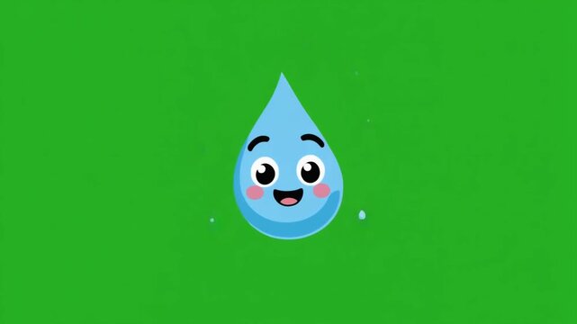 A cute cartoon water droplet character with a happy smiling face on a green screen background.