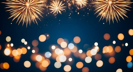 Golden fireworks explode in dark blue night sky with bokeh lights celebration explosion