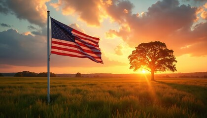 American flag waves in a grassy field at sunset. A large tree stands silhouetted against the orange sky. Golden hour light illuminates the rural landscape. Represents patriotism and freedom.