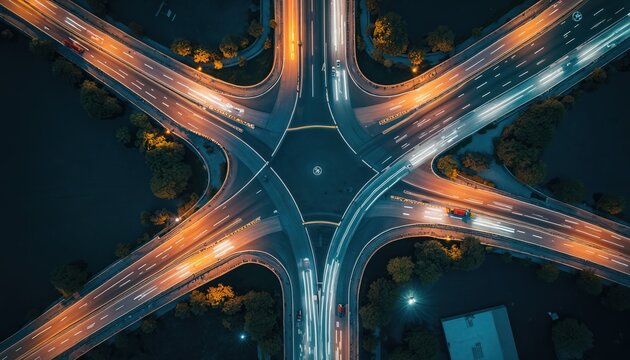 Aerial view of complex highway interchange at night with car light trails. Multiple roads merge, diverge creating busy urban transportation network. Illuminated asphalt shows constant movement,