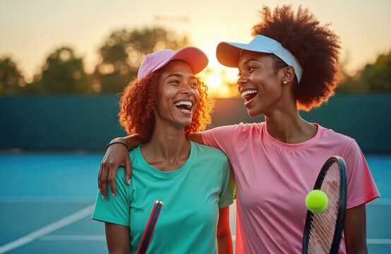 Two smiling female tennis players laugh on court during golden hour sunset. Friends share joy after game, embracing warmly, holding rackets and ball. Active women enjoy outdoor sport.