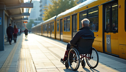 Man in wheelchair waits at train station platform with yellow tram. People walk on pavement. Urban transportation with accessible features for disabled. Modern city infrastructure for inclusive