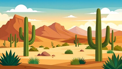 Cartoon illustration featuring a picturesque desert landscape with various cacti