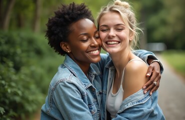 Two diverse young women hug outdoors. African American and Caucasian woman laugh, share happy moment. Friends enjoy summer day in green park, showing affection, strong bond, true connection, joy.