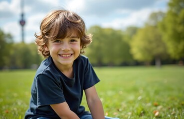 Happy young boy with brown wavy hair sits on green grass in a park. He smiles warmly for a portrait session, enjoying a sunny day outdoors. The background shows trees and a blue sky.