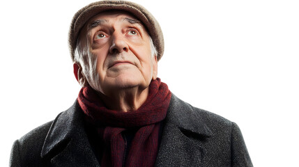 Thoughtful senior man in a cap and coat looking up with a hopeful expression against a showing wisdom and contemplation in old age