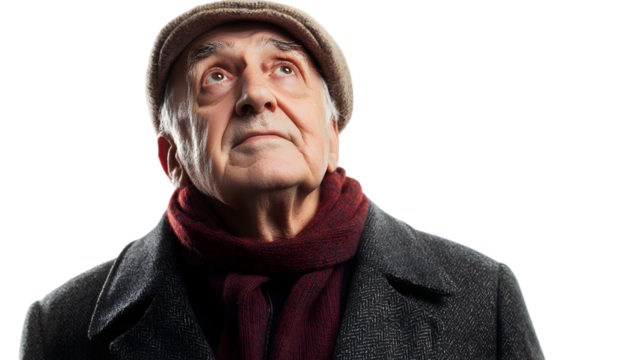 Thoughtful senior man in a cap and coat looking up with a hopeful expression against a showing wisdom and contemplation in old age - Powered by Adobe