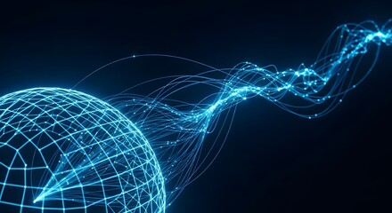Abstract glowing blue globe with light trails on dark background
