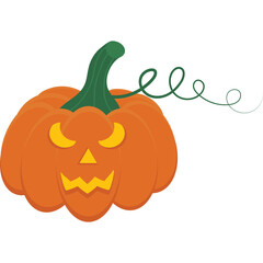 Orange Halloween Pumpkin With Carved Spooky Face and Green Stem with Swirling Vine on White Background Digital Art