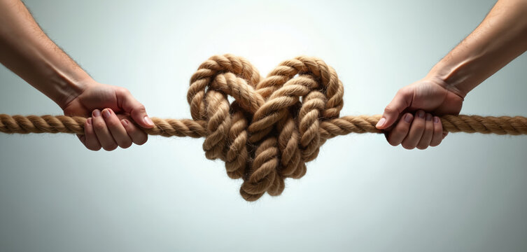 Two hands pull a thick rope forming a heart shape. This visual represents relationship struggles and emotional tug of war. It symbolizes conflicts within love, marriage, or partnerships. - Powered by Adobe