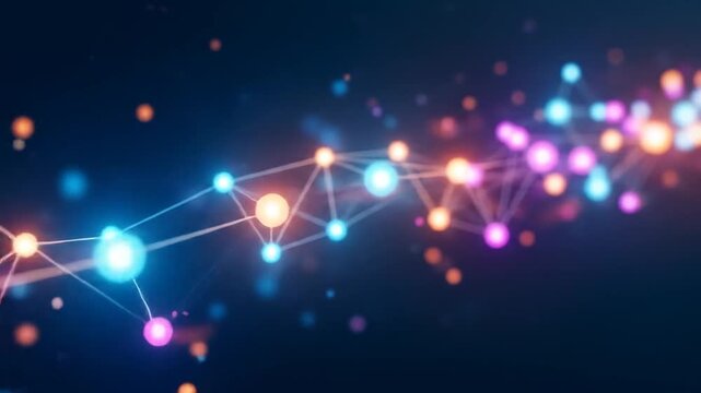 Abstract visualization of a digital network with interconnected glowing nodes and data pathways, representing global communication, technology, and information flow