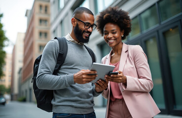 Two people look at tablet and mobile. Couple smiles in city. Woman holds phone. Man carries backpack. Diverse colleagues work outdoors. Friends use tech, study using mobile apps.