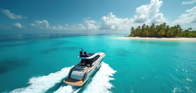 Motor yacht speeds across clear turquoise water near a palm tree lined tropical island. Scenic ocean seascape showcases bright sunny day with white clouds and blue sky.