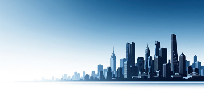 Modern urban cityscape illustration with blue gradient and towering structures - Powered by Adobe
