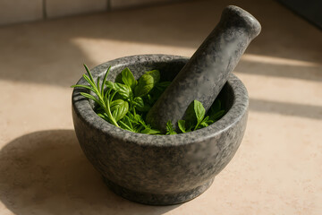 mortar and pestle with herbs