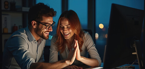 Man and woman colleagues work late at office. They share high five celebrating project success, smiling at computer screen. Teamwork brings victory after long hours.