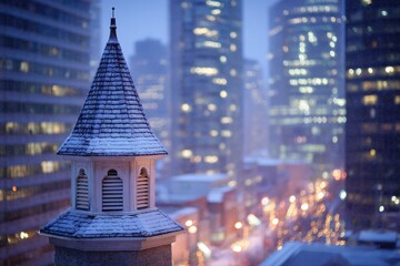 A clock tower in the middle of a city
