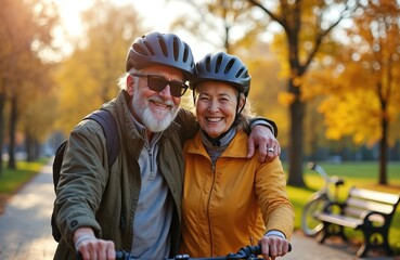 Elderly couple smiles on bikes in park. Mature man and woman enjoy autumn cycling together. Active seniors ride bicycles on path, wearing helmets. Happy older pair in fall.