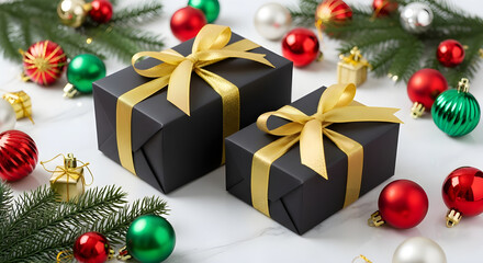 Christmas gift boxes with golden ribbon and holiday tree decorations and some color balls