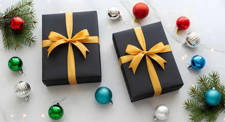 Christmas gift boxes with golden ribbon and holiday tree decorations and some color balls
