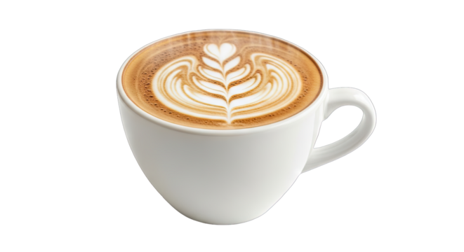 White ceramic cup filled with frothy cappuccino art featuring a delicate heart shape and leaf pattern against a transparent background with soft lighting