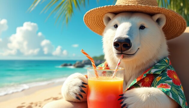 Polar bear in straw hat and floral shirt sips colorful tropical drink on sunny beach. Happy animal enjoys summer vacation by turquoise ocean water with sand and palm tree. This cute bear relaxes.