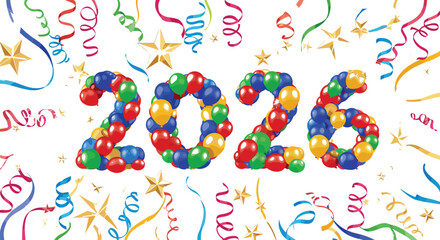 Happy New Year 2026 balloon vector illustration with colorful balloons, confetti, streamers, gold stars, festive celebration party design artwork