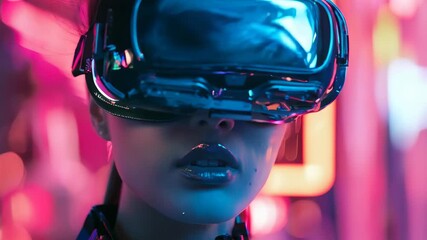 Woman in virtual reality headset looking up to explore augmented digital world. Metaverse concept with neon glow. - Powered by Adobe