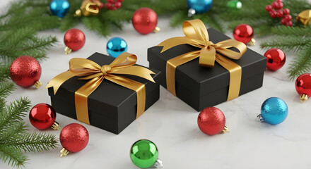 Christmas gift boxes with golden ribbon and holiday tree decorations and some color balls