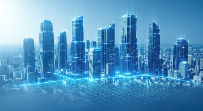 Smart city digital urban landscape with futuristic glowing network connections