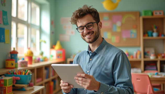 Young male teacher uses tablet computer in bright kindergarten classroom. He smiles warmly surrounded by toys, books, and children art projects on walls. Modern education in preschool.
