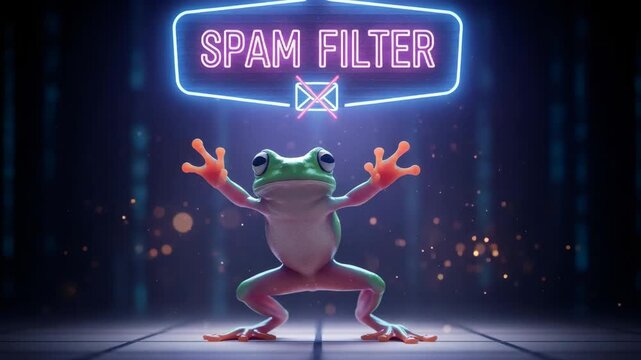 Cute frog standing and posing with neon spam filter sign showing data protection. Email security concept for digital communication system.