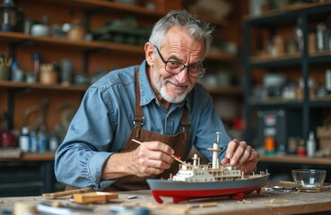 Senior man builds ship model. Elderly man in glasses and apron making miniature boat. Hobby for retired people. Man works in garage with wood and tools. He enjoys making vessel model.