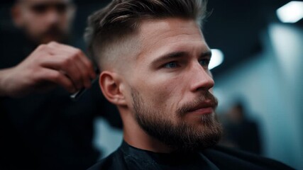 A skilled barber gives a precise haircut featuring a stylish fade. The atmosphere is trendy, showcasing the barber's expertise and client's satisfaction.