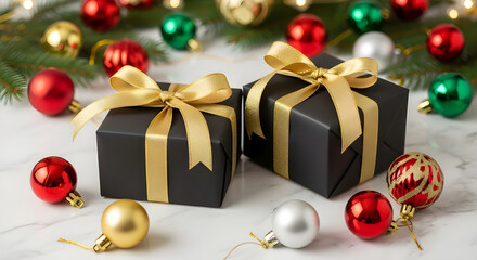 Christmas gift boxes with golden ribbon and holiday tree decorations and some color balls