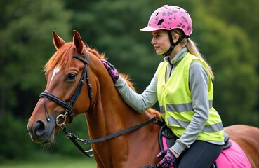 Obraz premium Young woman pats chestnut horse wearing pink helmet and hi-viz jacket. Rider enjoys outdoor activity with equine friend. Girl in equestrian sport in summer daylight.