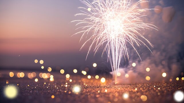 Explosion of fireworks illuminating the night sky with golden bokeh lights