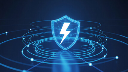 Cybersecurity shield with glowing lightning bolt offers powerful protection for your data and privacy in a digital world of networks and connections
