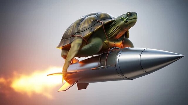 Surprising Ascent A majestic turtle launches into the atmosphere on a powerful rocket, defying expectations with unexpected speed and rapid progress