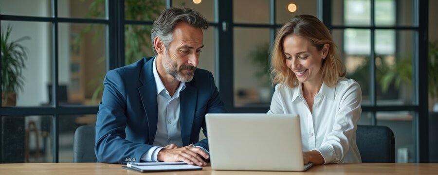 Mature man and woman collaborating on laptop in modern office. They are discussing project at table. Colleagues working together, talking, smiling. Business meeting, teamwork, strategy planning.
