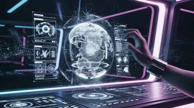 Futuristic Interface Showcasing Advanced Data Visualization and Interactive Control Panels with Holographic Elements for an Enhanced User Experience