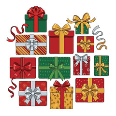 A vibrant collection of beautifully wrapped gift boxes with bows and ribbons, featuring various colors and patterns, arranged together for a festive occasion.