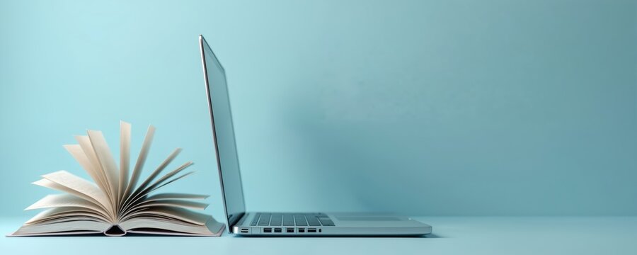 An open book rests near a laptop on a light blue surface. The image represents digital learning online education and study. It symbolizes the connection between traditional learning and tech.
