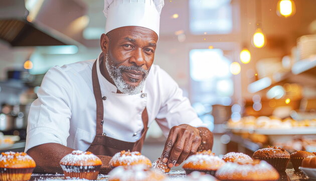 Experienced chef with gray beard decorating muffins in a bakery warm lighting - Powered by Adobe