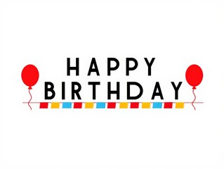 "Happy Birthday" in bold black text, flanked by two red balloons and a colorful striped banner below, all set against a clean white background for a classic, cheerful celebration.