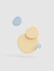 A minimalist 3D composition of smooth, matte shapes—a large pale yellow circle with a smaller one on top and two small blue circles floating nearby—set against a clean white background, creating a mod