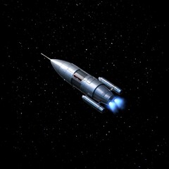 A classic, silver rocket ship with glowing blue engines soars through a starry black sky, its sleek design and pointed nose evoking a sense of retro-futuristic space adventure.