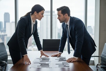 Businessman and businesswoman discussing proposals in modern office redacted document