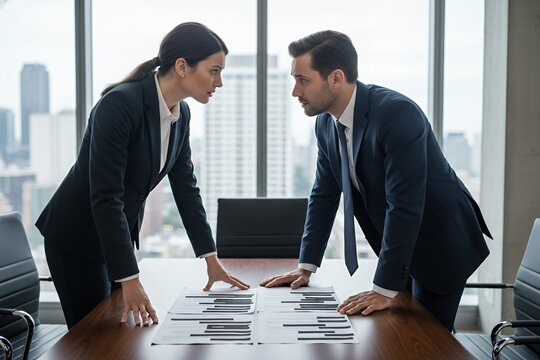 Businessman and businesswoman discussing proposals in modern office redacted document