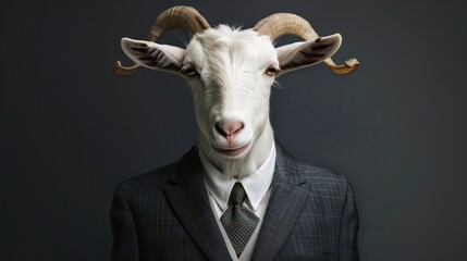 White goat dressed in an elegant suit with a nice tie business man confident.